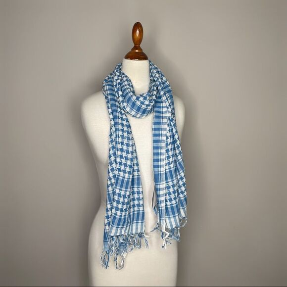 NWT Open Hand Designs Blue & White Check Handloomed Scarf Wrap Fringe Fair Trade - Picture 4 of 11